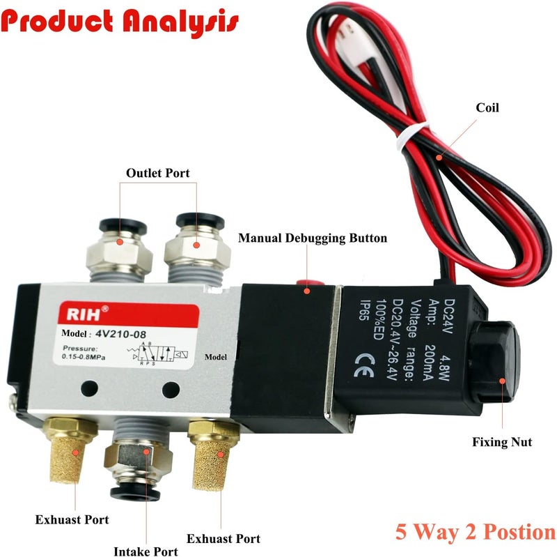 RH Pneumatics Solenoid Valve 4V210-08 12V/24V/110V Series Single Coil Pilot-Operated Electric 2 Position 5 Way Connection Type (DC12V/Out of line, 1/4"NPT) - Image 2